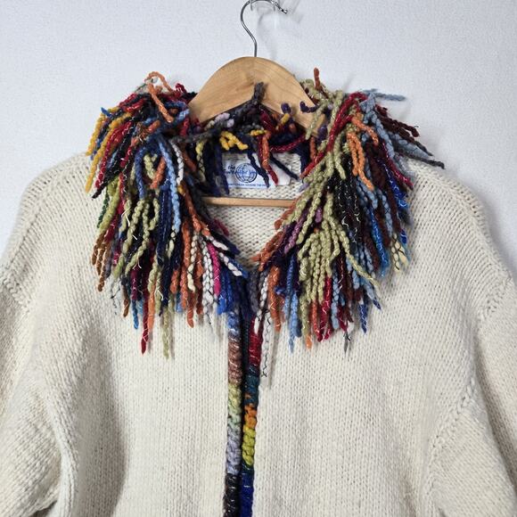 The Sweater Venture Hand Knit Wool Alpaca Cardigan Ivory Multi Fringe Zip Front - Picture 2 of 15